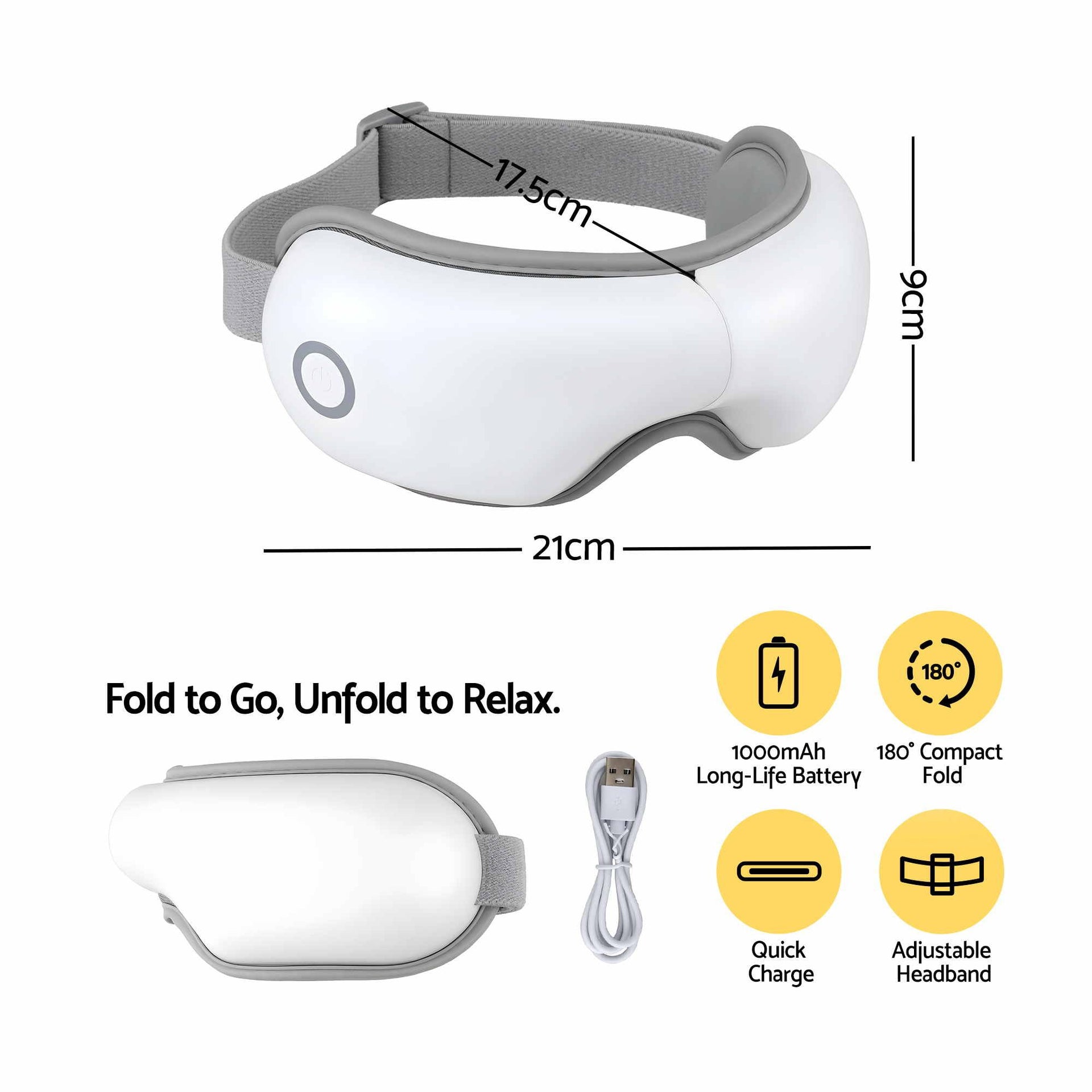 Livemor Eye Massager with Heat & Vibration | 180° Foldable Electric Eye Heat Mask with Bluetooth Music for Fatigue Relief | Rechargeable 3D Wrap-Around Temple Massager, White Livemor