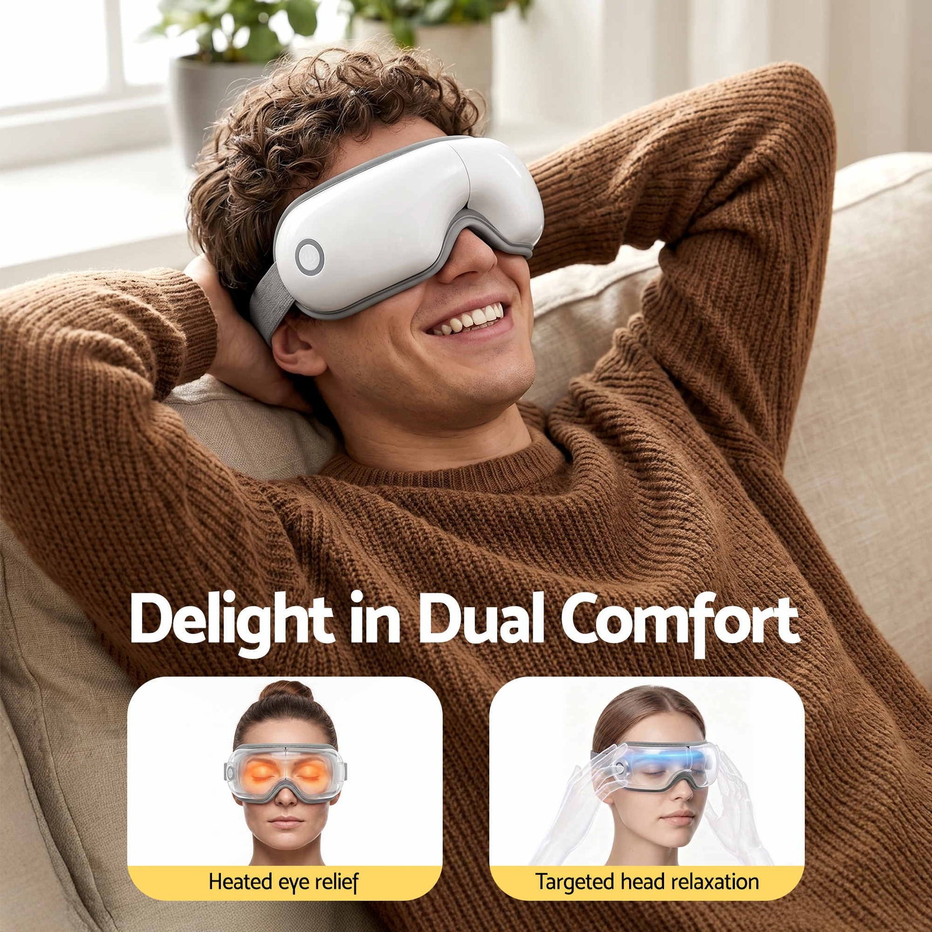 Livemor Eye Massager with Heat & Vibration | 180° Foldable Electric Eye Heat Mask with Bluetooth Music for Fatigue Relief | Rechargeable 3D Wrap-Around Temple Massager, White Livemor