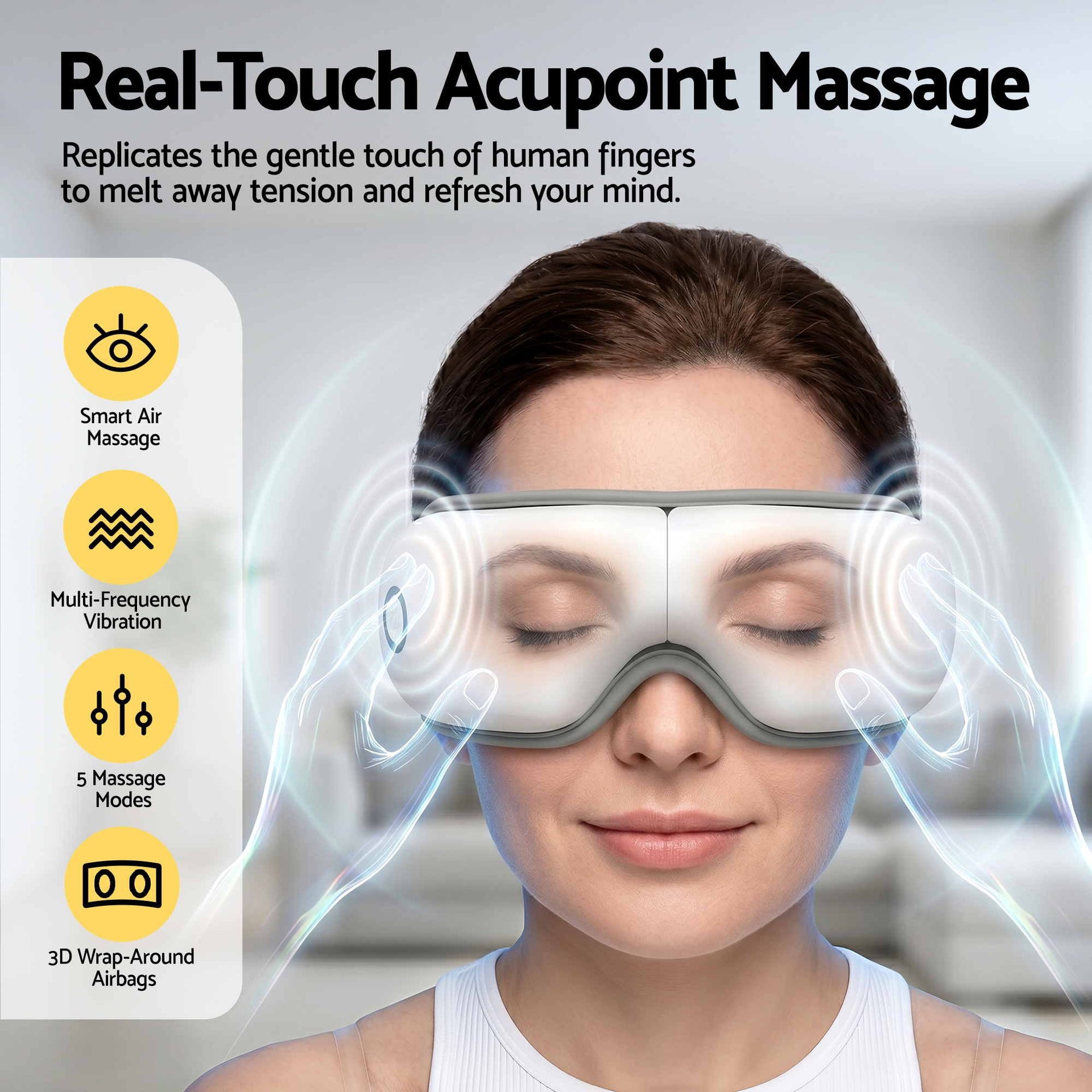 Livemor Eye Massager with Heat & Vibration | 180° Foldable Electric Eye Heat Mask with Bluetooth Music for Fatigue Relief | Rechargeable 3D Wrap-Around Temple Massager, White Livemor