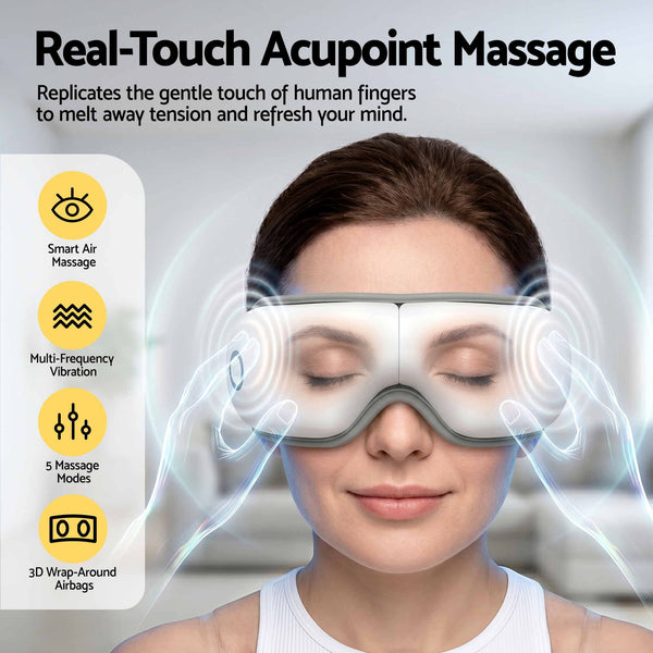 Livemor Eye Massager with Heat & Vibration | 180° Foldable Electric Eye Heat Mask with Bluetooth Music for Fatigue Relief | Rechargeable 3D Wrap-Around Temple Massager, White Livemor