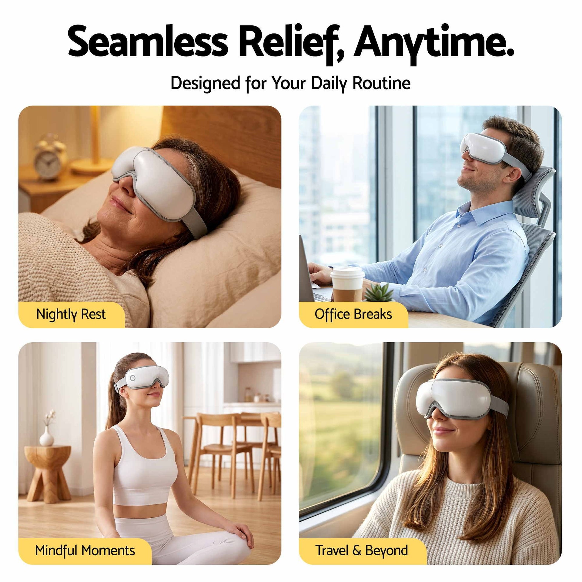 Livemor Eye Massager with Heat & Vibration | 180° Foldable Electric Eye Heat Mask with Bluetooth Music for Fatigue Relief | Rechargeable 3D Wrap-Around Temple Massager, White Livemor