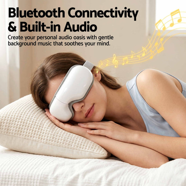 Livemor Eye Massager with Heat & Vibration | 180° Foldable Electric Eye Heat Mask with Bluetooth Music for Fatigue Relief | Rechargeable 3D Wrap-Around Temple Massager, White Livemor