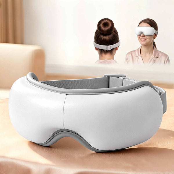 Livemor Eye Massager with Heat & Vibration | 180° Foldable Electric Eye Heat Mask with Bluetooth Music for Fatigue Relief | Rechargeable 3D Wrap-Around Temple Massager, White Livemor