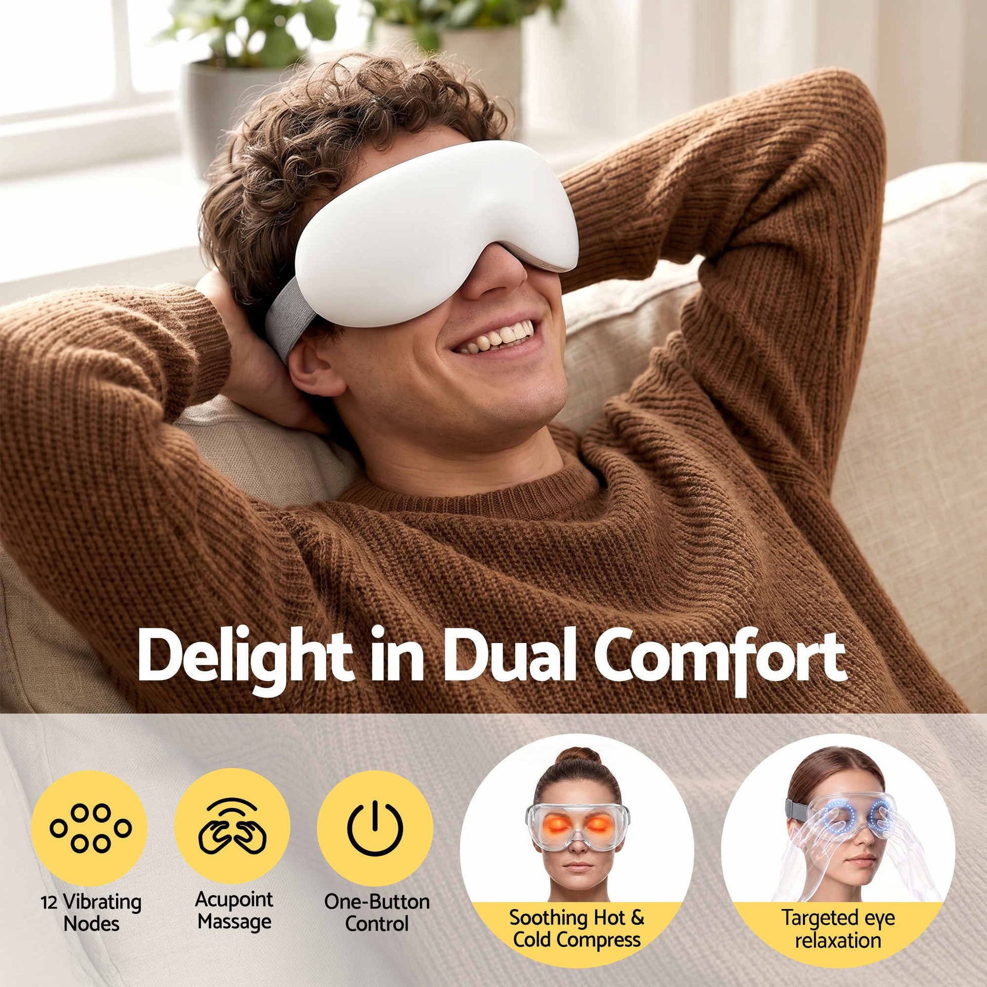 Livemor Eye Massager with Cooling & Heating | Dual Hot Cold Compress Goggles with 12 Vibrating Nodes for Migraine Relief | Wireless Bluetooth Eye Mask with 10Min Timer & 2400mAh Battery, White Livemor