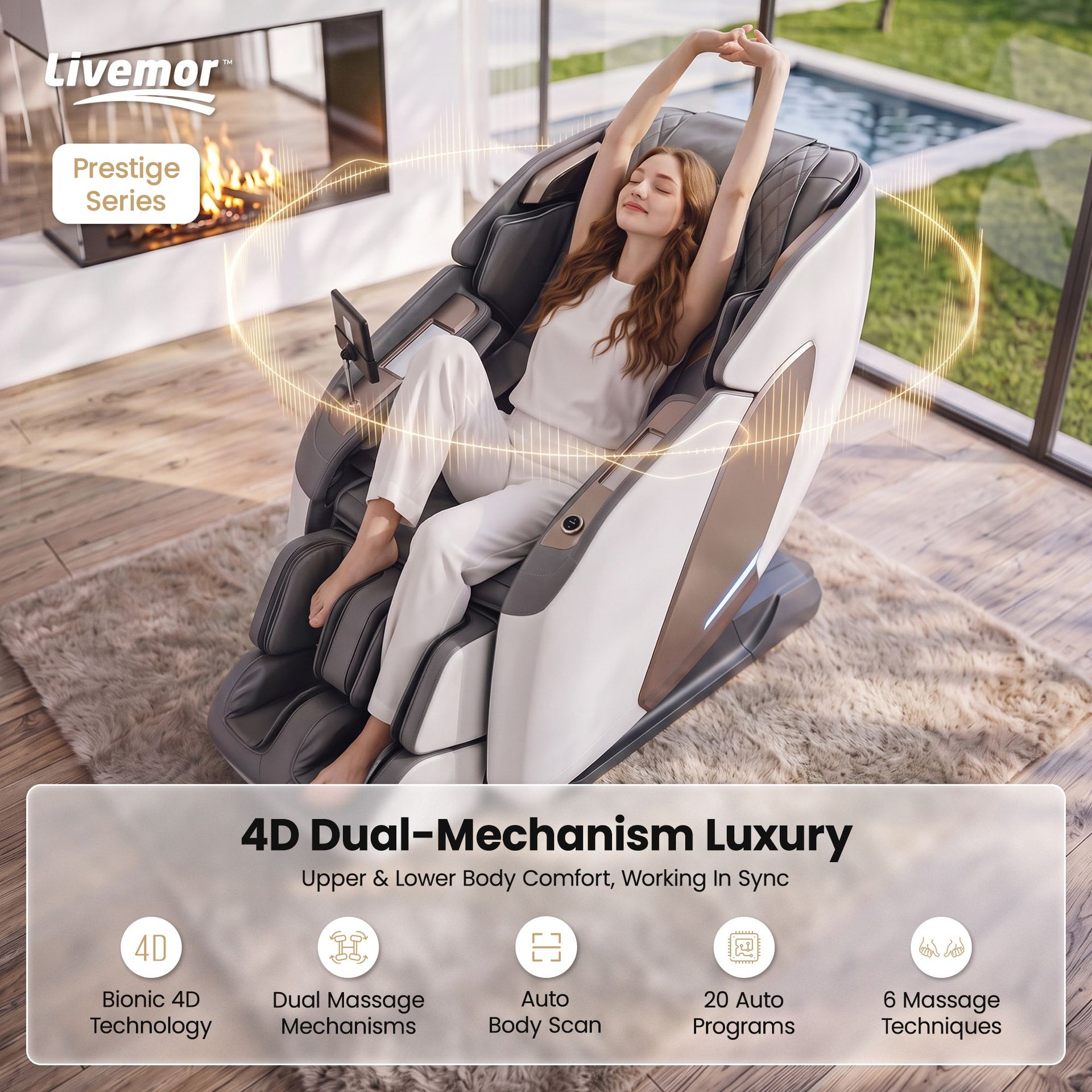 Livemor Prestige 4D Dual Mechanism Massage Chair, Full Body Zero Gravity Recliner with Extended SL Track, Body Scan, Air Compression, Waist Heating, Foot Rollers, Voice Control & Wireless Charging Awezingly