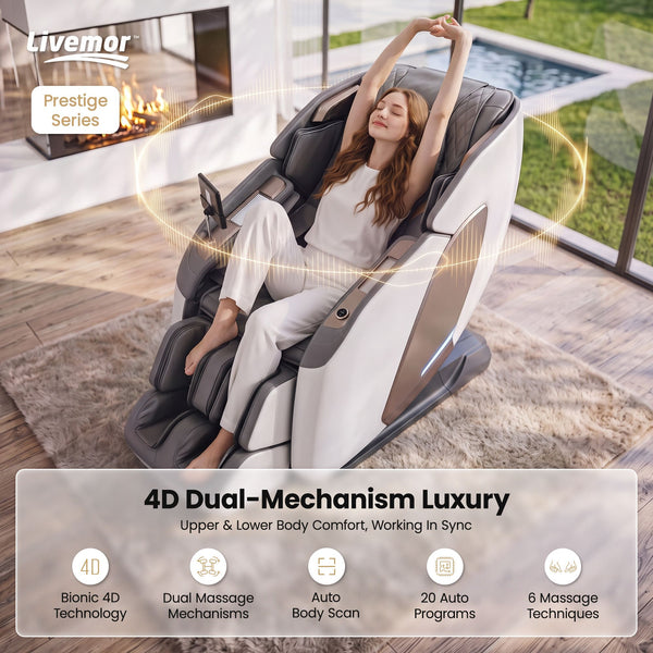 Livemor Prestige 4D Dual Mechanism Massage Chair, Full Body Zero Gravity Recliner with Extended SL Track, Body Scan, Air Compression, Waist Heating, Foot Rollers, Voice Control & Wireless Charging Awezingly