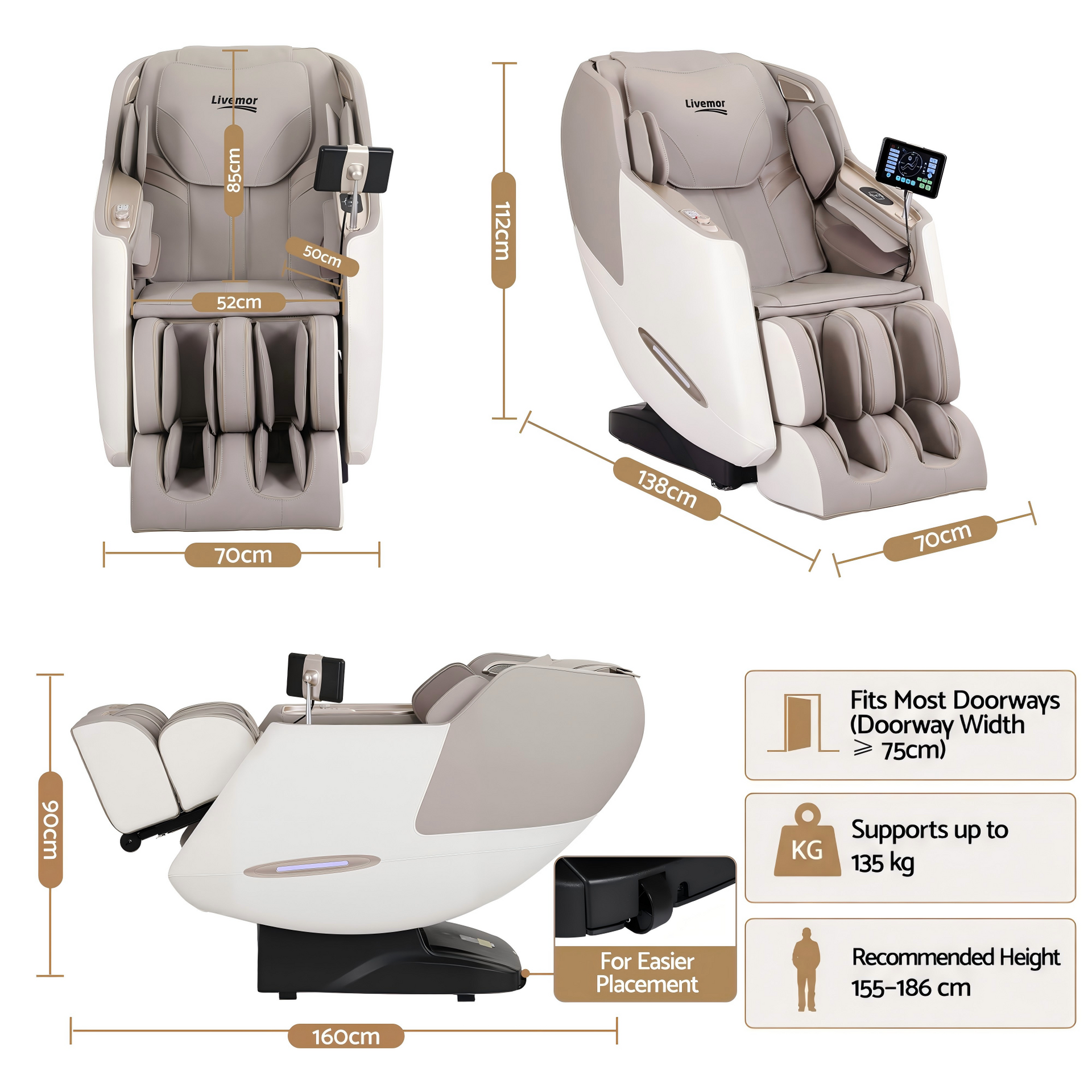 Livemor Elite 4D Massage Chair Recliner, SL Track Zero Gravity & Heat Auto Body Scan, 12 Auto Programs, 3 Zero-G Positions, Foot Rollers, Airbag Compression, Bluetooth Speaker, Wireless Charging Awezingly