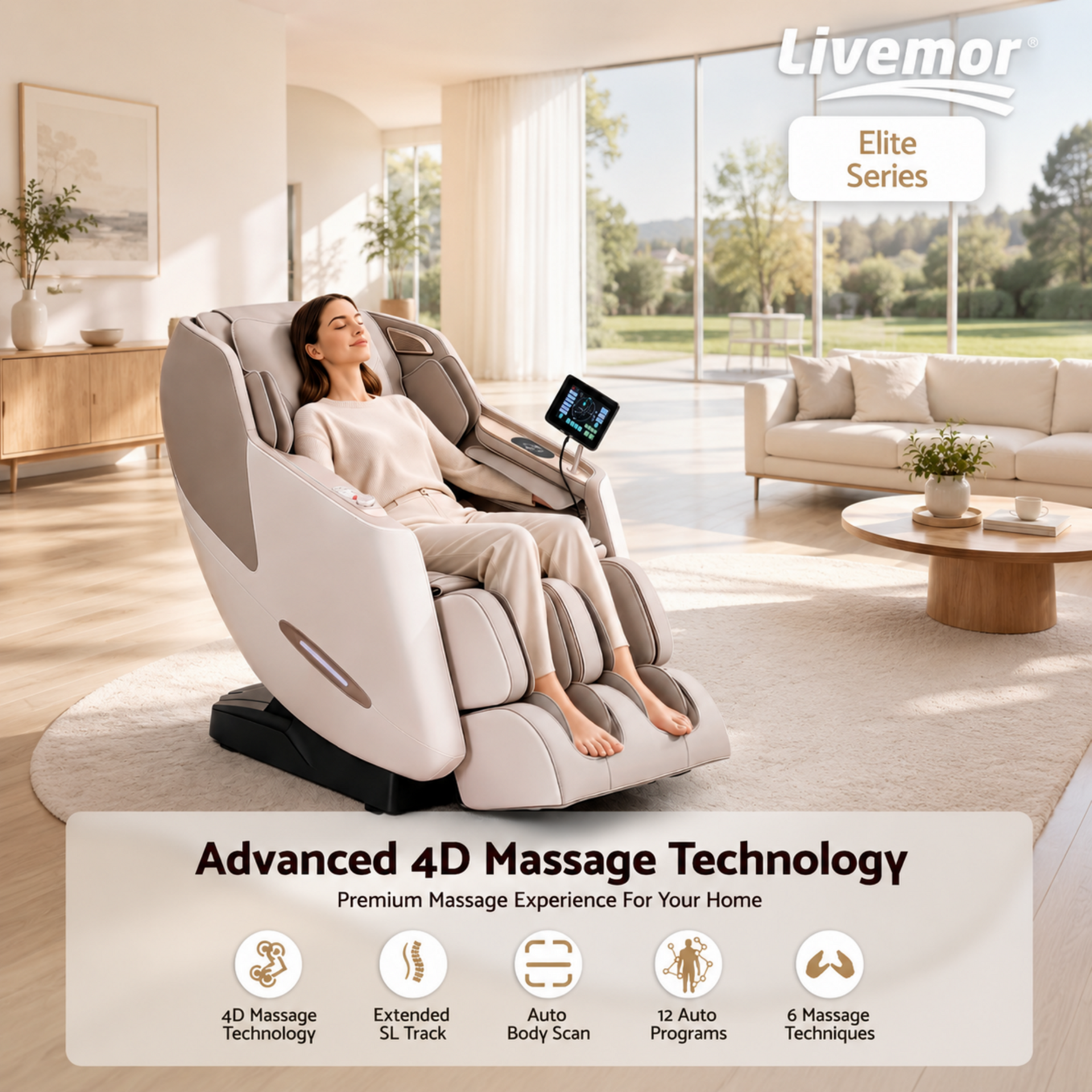 Livemor Elite 4D Massage Chair Recliner, SL Track Zero Gravity & Heat Auto Body Scan, 12 Auto Programs, 3 Zero-G Positions, Foot Rollers, Airbag Compression, Bluetooth Speaker, Wireless Charging Awezingly