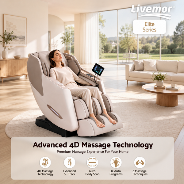Livemor Elite 4D Massage Chair Recliner, SL Track Zero Gravity & Heat Auto Body Scan, 12 Auto Programs, 3 Zero-G Positions, Foot Rollers, Airbag Compression, Bluetooth Speaker, Wireless Charging Awezingly