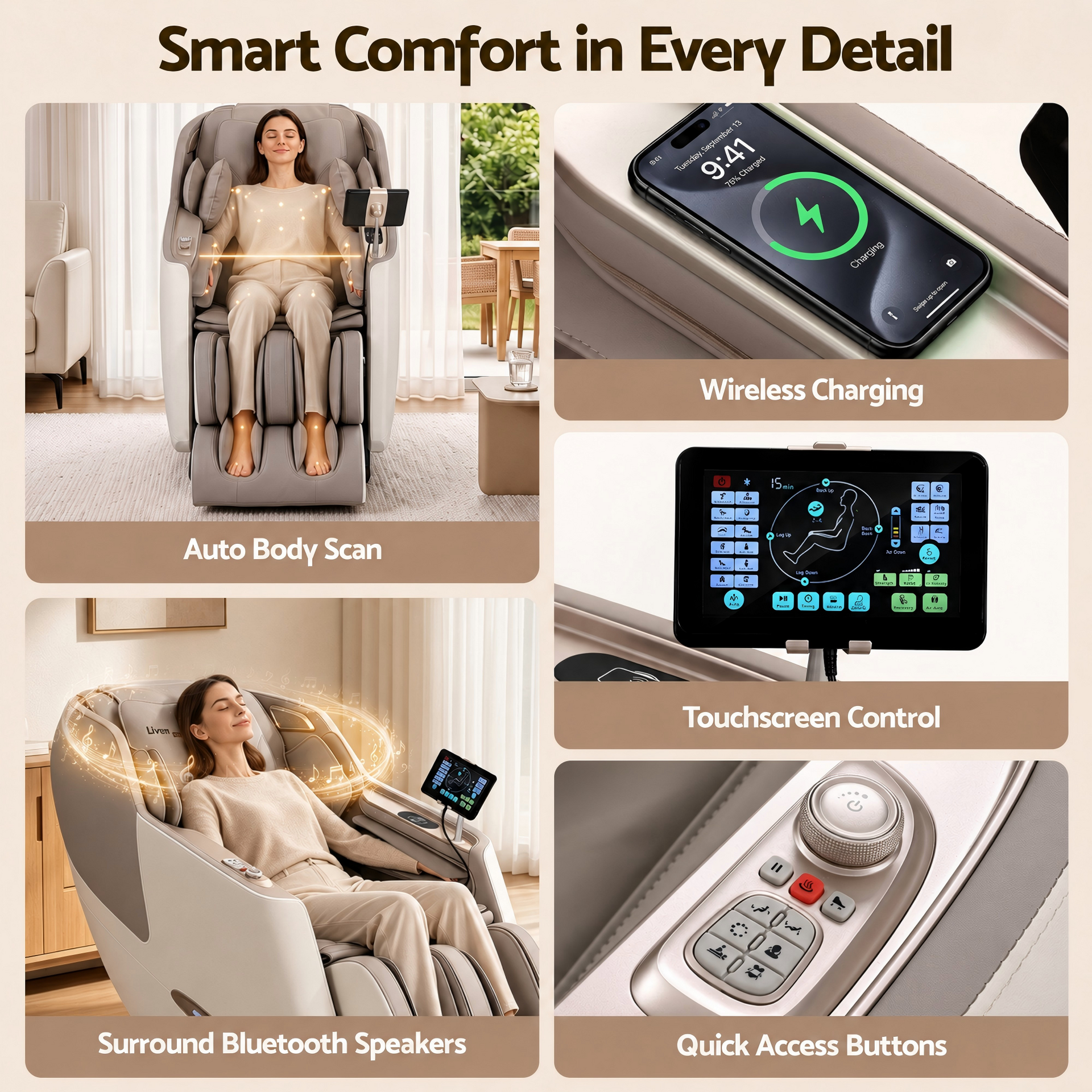Livemor Elite 4D Massage Chair Recliner, SL Track Zero Gravity & Heat Auto Body Scan, 12 Auto Programs, 3 Zero-G Positions, Foot Rollers, Airbag Compression, Bluetooth Speaker, Wireless Charging Awezingly