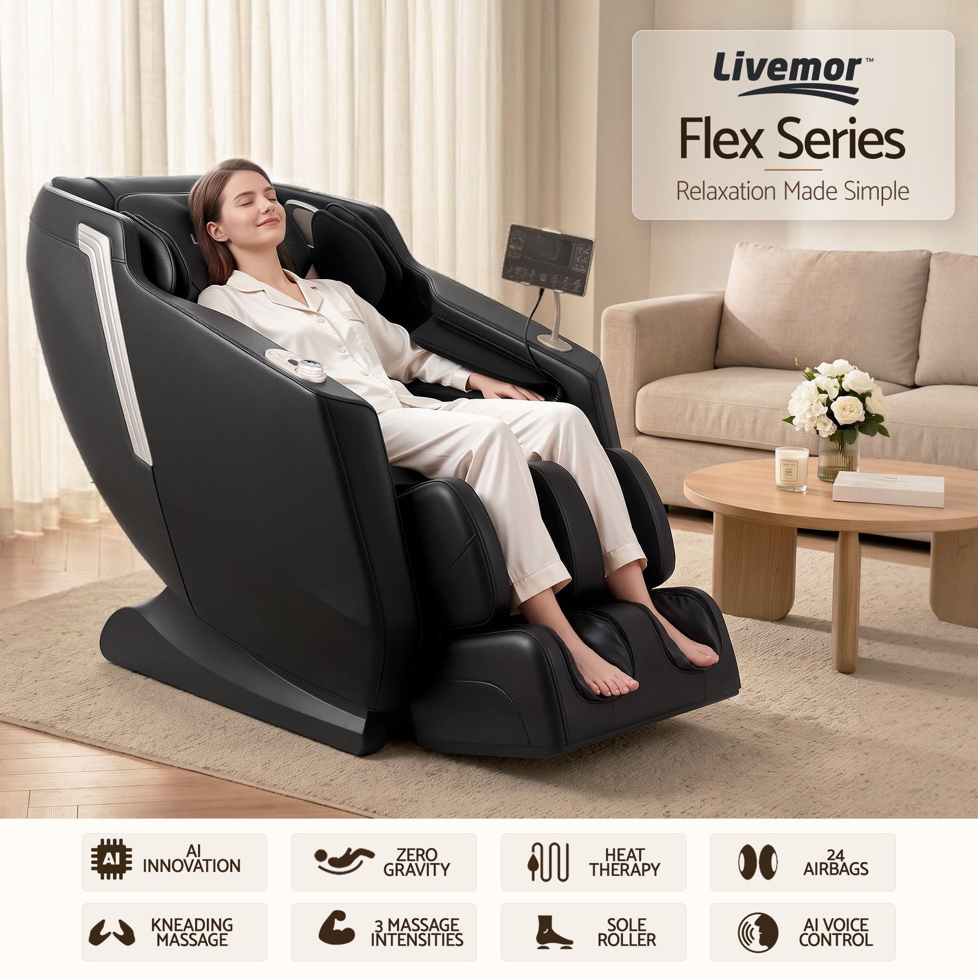 Livemor Flex Massage Chair Full Body with Heat Zero Gravity Recliner, 24 Airbags, Foot Massage, 6 Auto Programs, Voice Control, Bluetooth Speakers, Screen Control, Extendable Footrest Awezingly