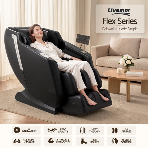 Livemor Flex Massage Chair Full Body with Heat Zero Gravity Recliner, 24 Airbags, Foot Massage, 6 Auto Programs, Voice Control, Bluetooth Speakers, Screen Control, Extendable Footrest Awezingly