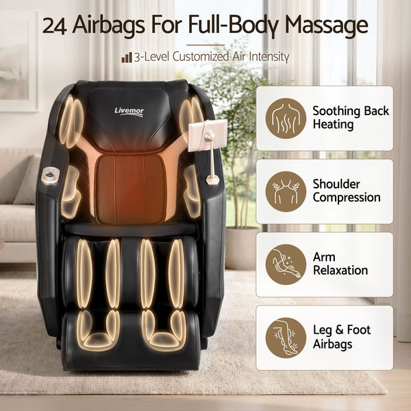 Livemor Flex Massage Chair Full Body with Heat Zero Gravity Recliner, 24 Airbags, Foot Massage, 6 Auto Programs, Voice Control, Bluetooth Speakers, Screen Control, Extendable Footrest Awezingly