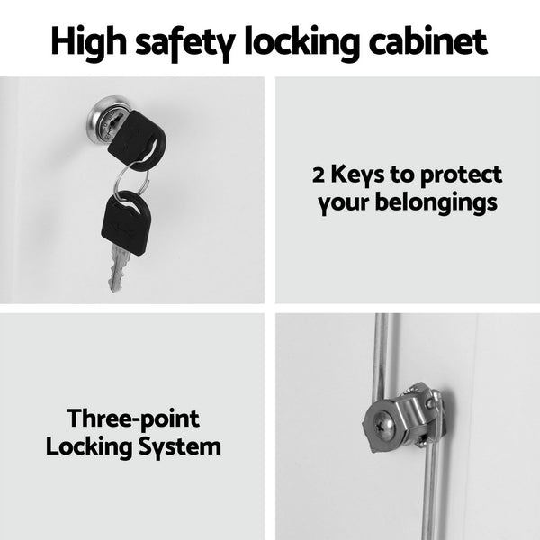 Artiss Steel Locker Cabinet Filing Mental Storage 3-Point Lock Adjustable Shelves White Awezingly