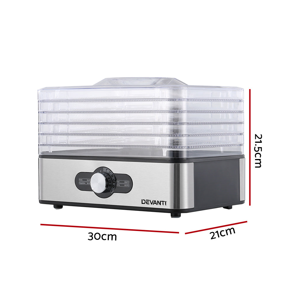Devanti Food Dehydrators Jerky Dehydrator Fruit Dryer 5 Trays Stainless Steel Devanti