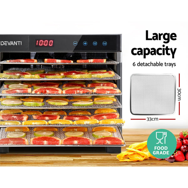DEVANTi 6 Trays Commercial Food Dehydrator Stainless Steel Fruit Dryer Devanti
