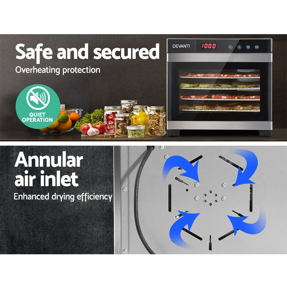 DEVANTi 6 Trays Commercial Food Dehydrator Stainless Steel Fruit Dryer Devanti