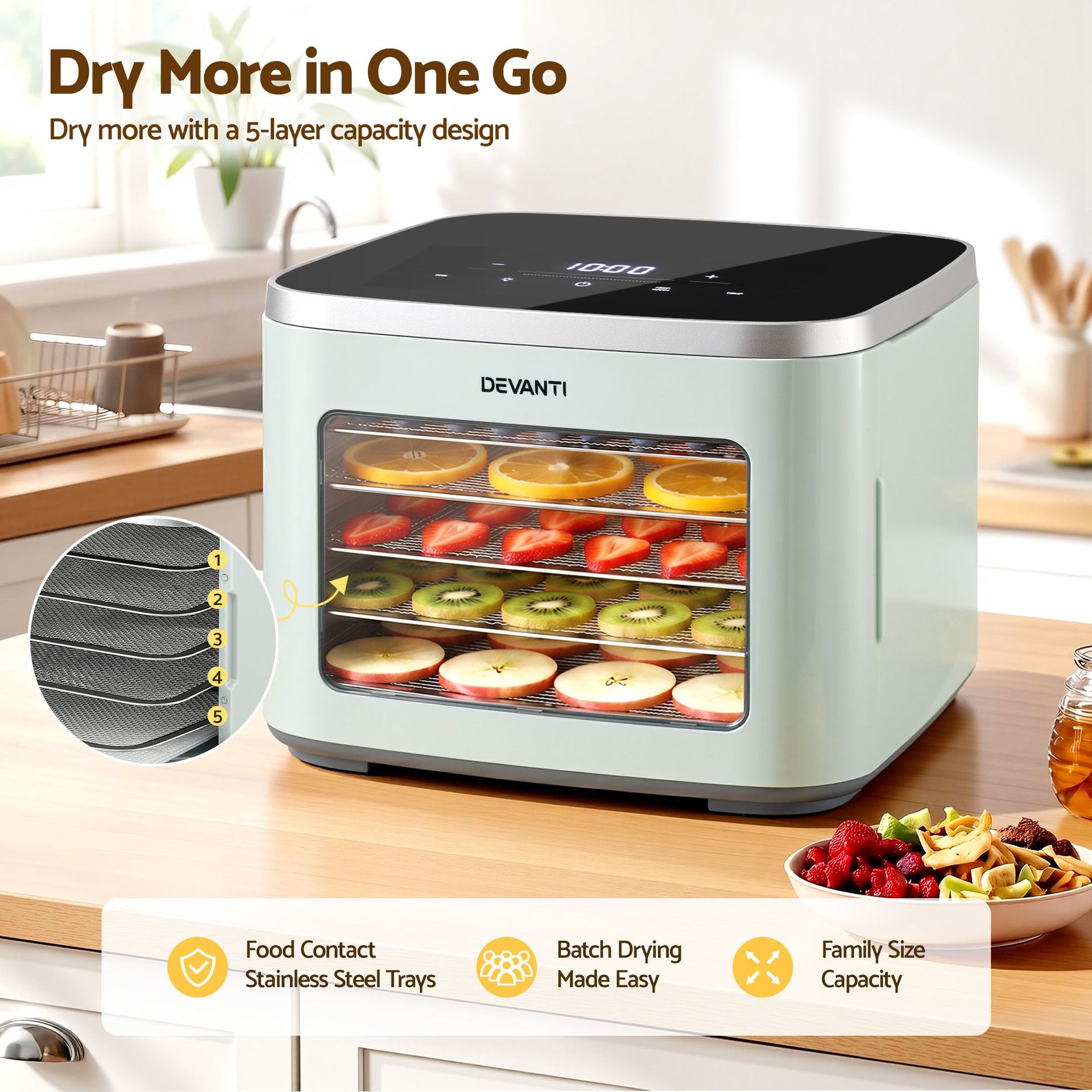 Devanti Food Dehydrator Machine 5 Tray Mini Fruit Dryer Maker Green Awezingly