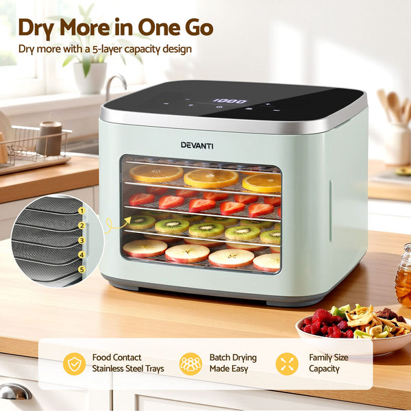Devanti Food Dehydrator Machine 5 Tray Mini Fruit Dryer Maker Green Awezingly