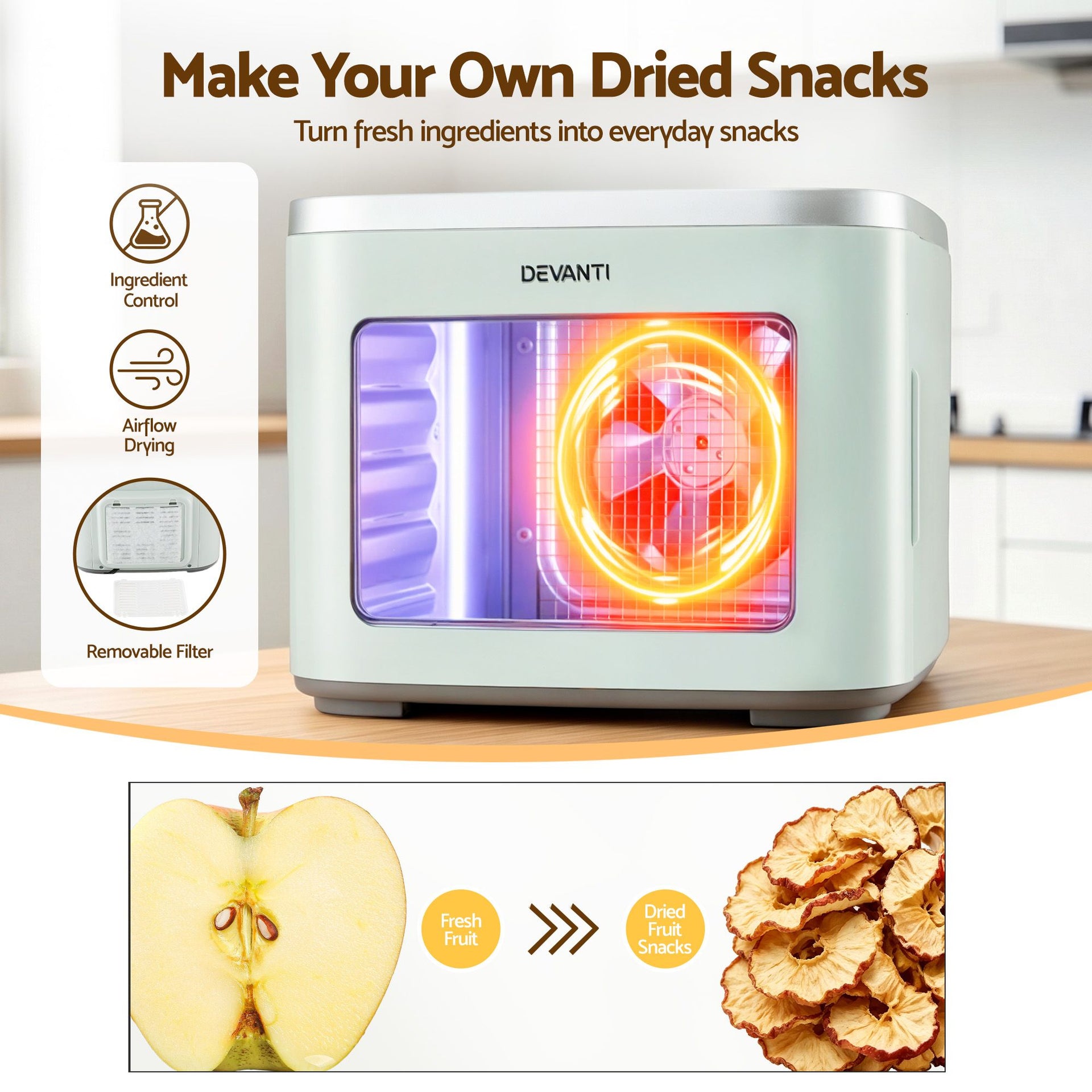 Devanti Food Dehydrator Machine 5 Tray Mini Fruit Dryer Maker Green Awezingly