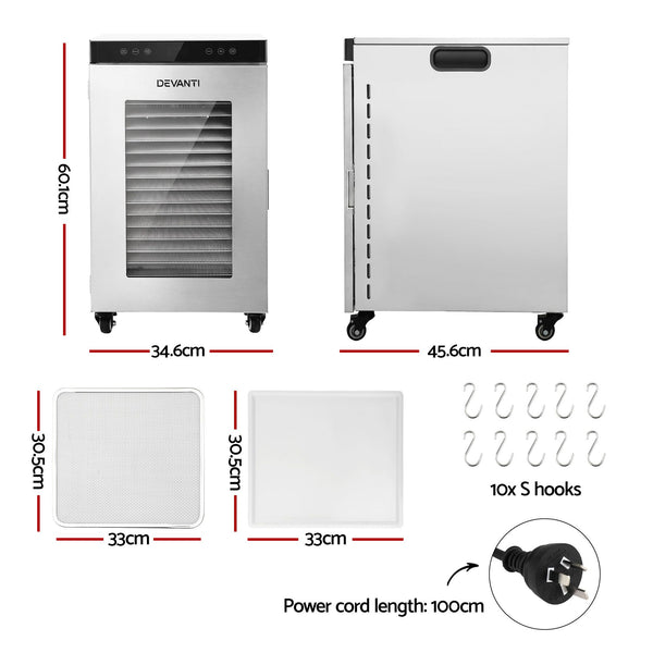 Devanti Food Dehydrator Stainless Steel Fruit Dryer 16 Tray Silver Awezingly