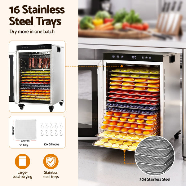 Devanti Food Dehydrator Stainless Steel Fruit Dryer 16 Tray Silver Awezingly