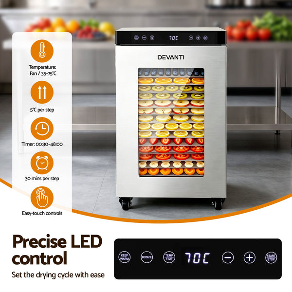 Devanti Food Dehydrator Stainless Steel Fruit Dryer 16 Tray Silver Awezingly