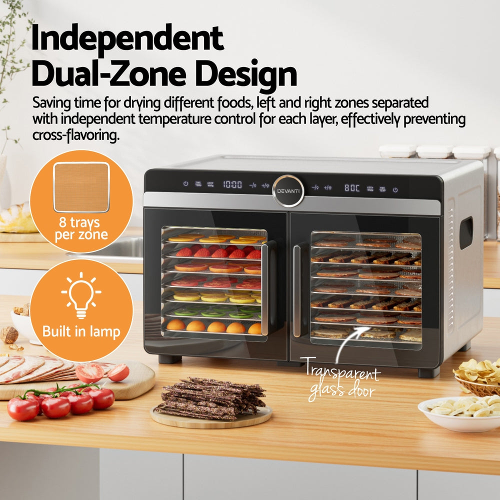 Devanti 16 Trays Food Dehydrator Dual-Zone Stainless Steel Devanti