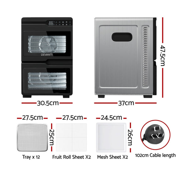 Devanti 12 Trays Food Dehydrator Dual-Zone Stainless Steel Fruit Jerky Dryer Devanti