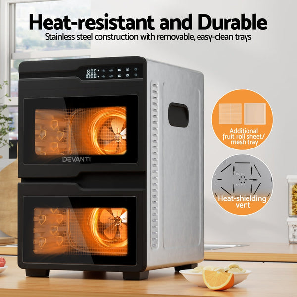 Devanti 12 Trays Food Dehydrator Dual-Zone Stainless Steel Fruit Jerky Dryer Devanti