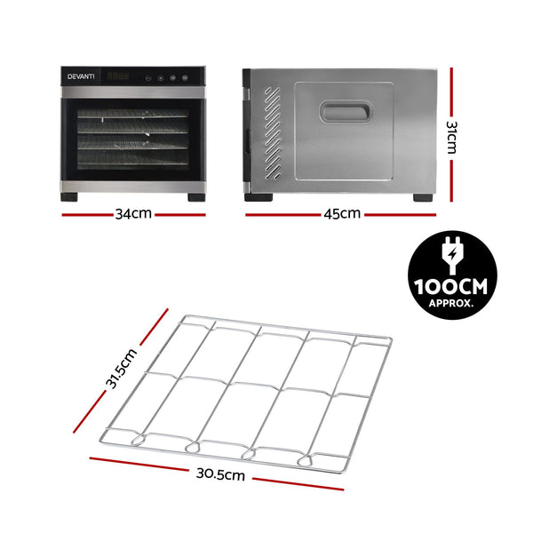 Devanti Food Dehydrator 6 Tray Fruit Dryer Jerky Maker With Stainless Steel Rack Devanti