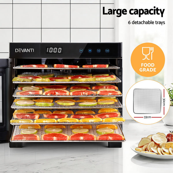 Devanti Food Dehydrator 6 Tray Fruit Dryer Jerky Maker With Stainless Steel Rack Devanti