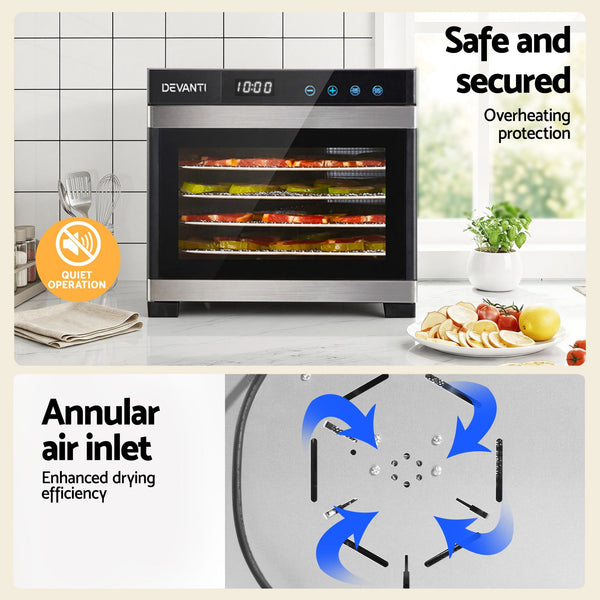Devanti Food Dehydrator 6 Tray Fruit Dryer Jerky Maker With Stainless Steel Rack Devanti