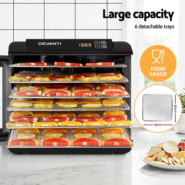 Devanti Food Dehydrator 6 Tray Fruit Dryer Jerky Maker With Stainless Steel Rack Devanti