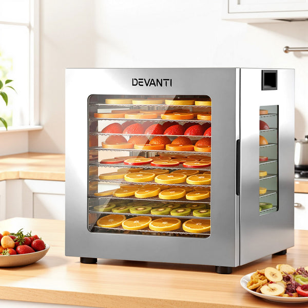 Devanti 10 Trays Food Dehydrator Stainless Steel Visible Glass Door 850W Awezingly