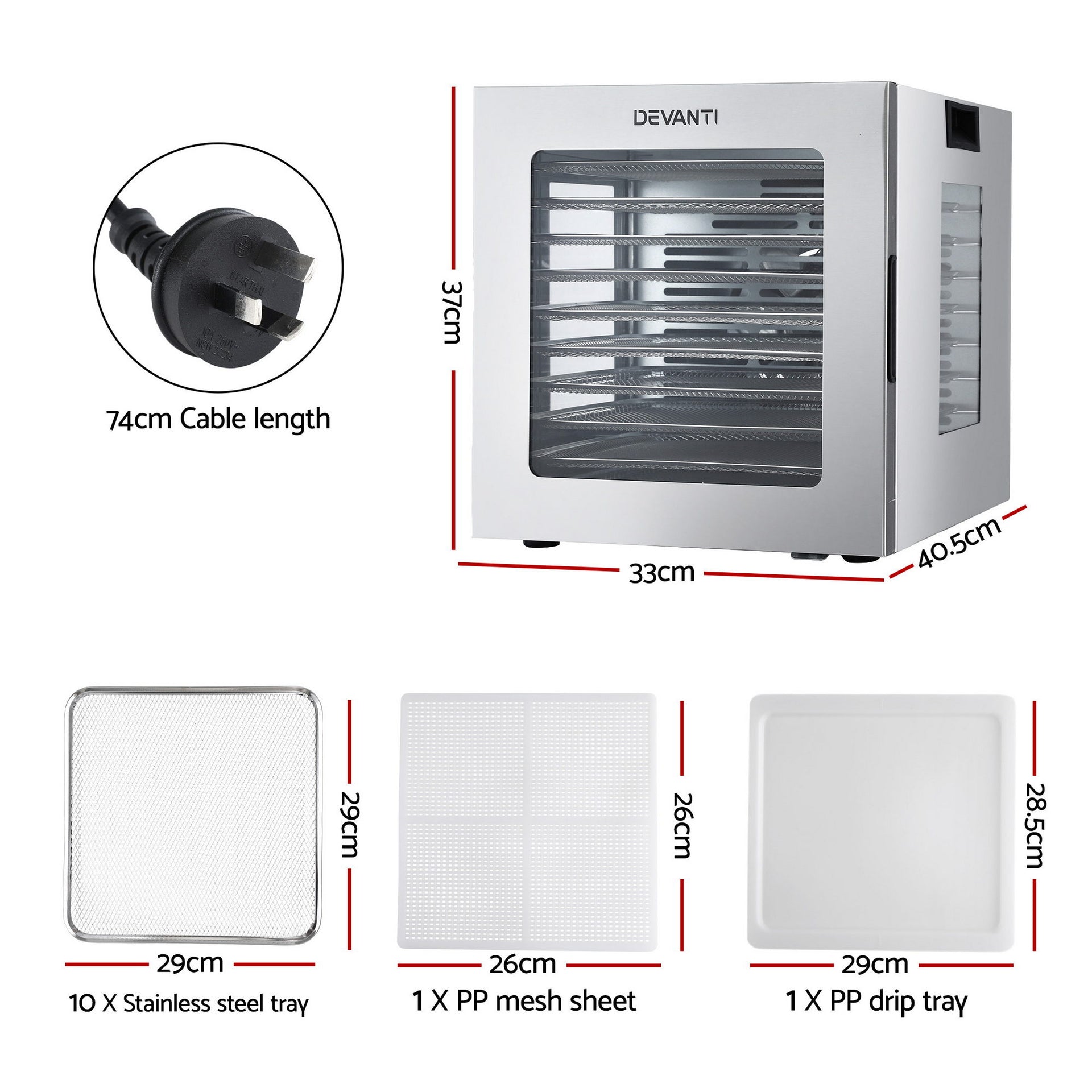 Devanti 10 Trays Food Dehydrator Stainless Steel Visible Glass Door 850W Awezingly