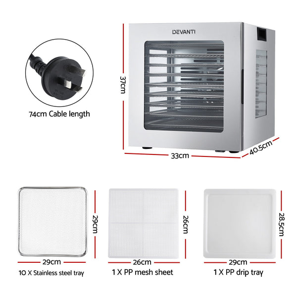 Devanti 10 Trays Food Dehydrator Stainless Steel Visible Glass Door 850W Awezingly