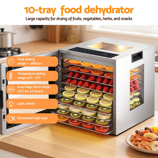 Devanti 10 Trays Food Dehydrator Stainless Steel Visible Glass Door 850W Awezingly