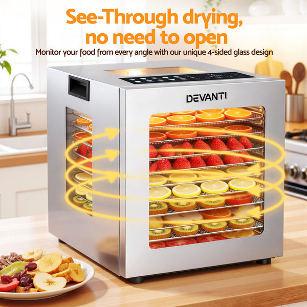 Devanti 10 Trays Food Dehydrator Stainless Steel Visible Glass Door 850W Awezingly