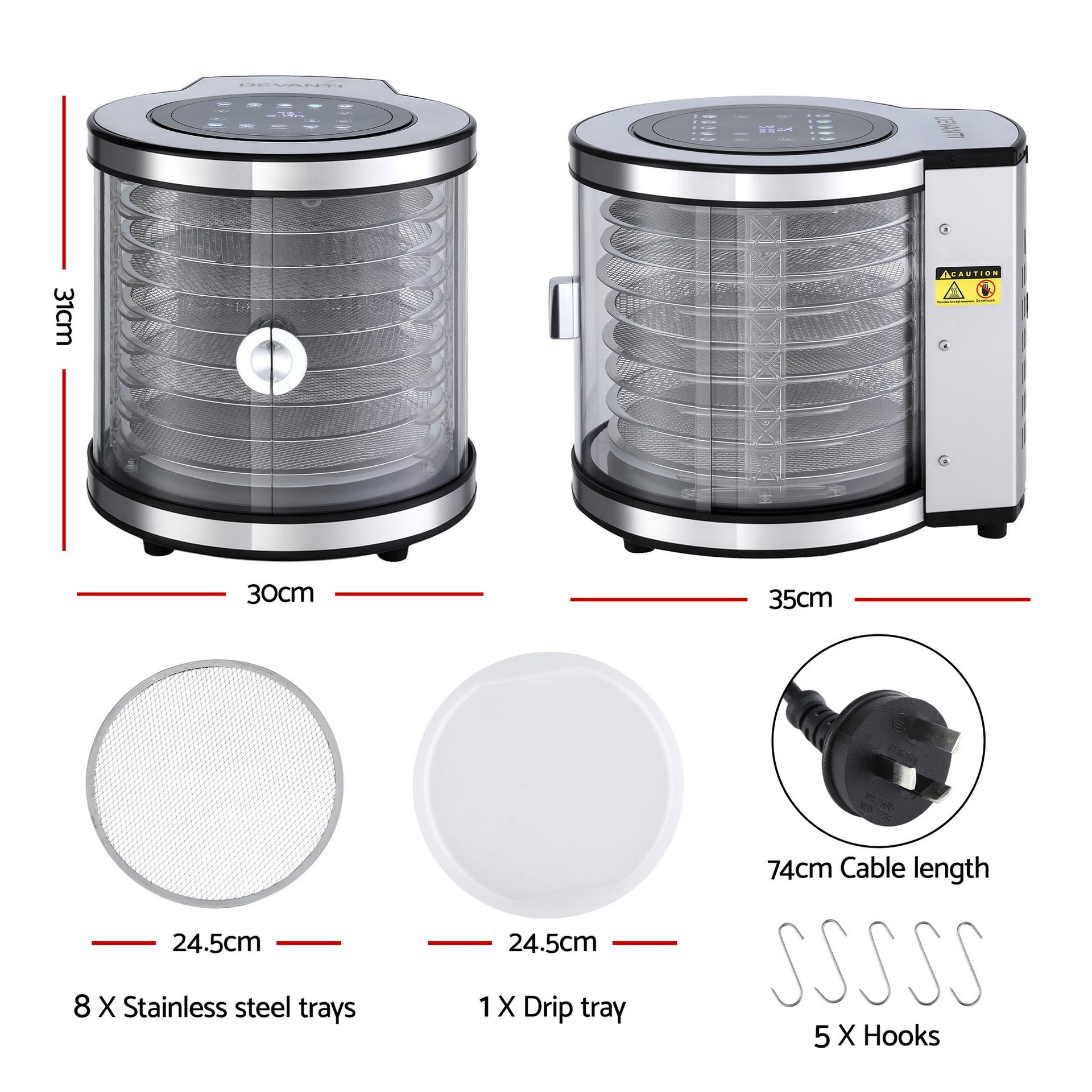 Devanti 8 Trays Food Dehydrator Stainless Steel Auto-Rotate 10 Programs 700W Awezingly