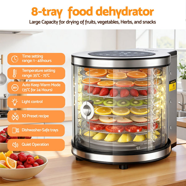 Devanti 8 Trays Food Dehydrator Stainless Steel Auto-Rotate 10 Programs 700W Awezingly