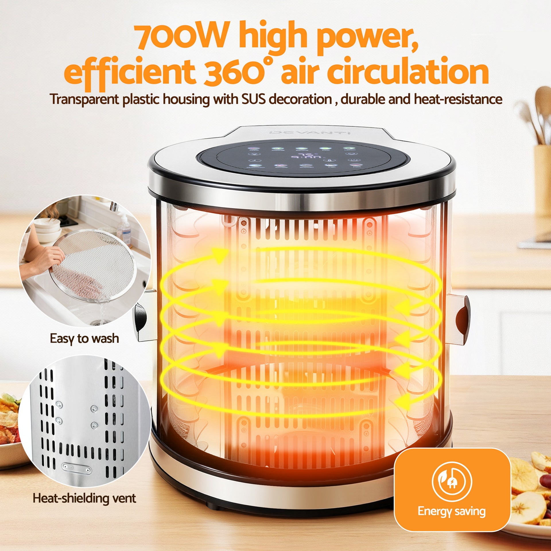 Devanti 8 Trays Food Dehydrator Stainless Steel Auto-Rotate 10 Programs 700W Awezingly