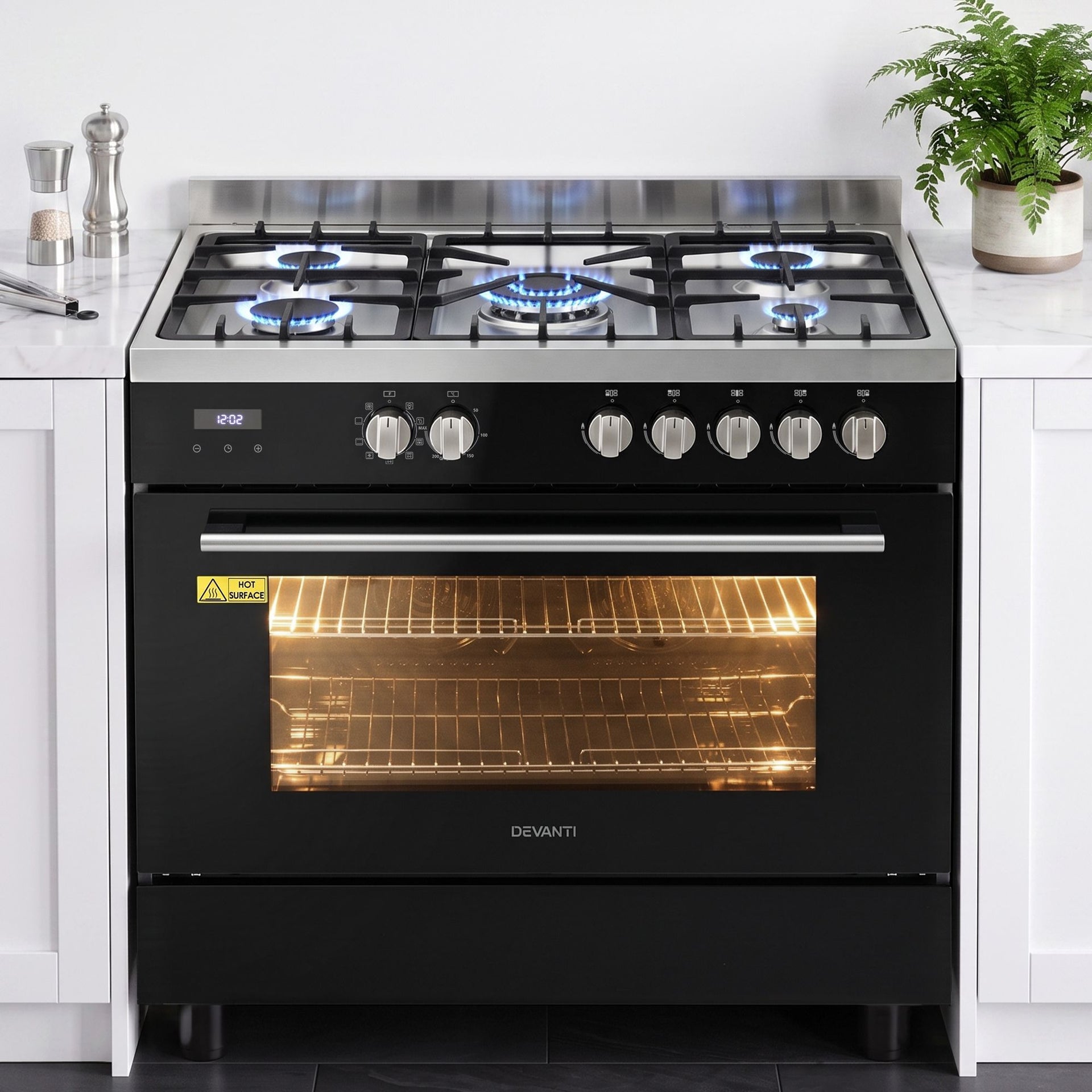 Devanti 90cm Dual Fuel Cooker Gas Cooktop Electric Oven 5 Burner Awezingly