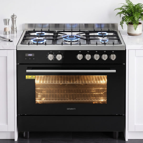 Devanti 90cm Dual Fuel Cooker Gas Cooktop Electric Oven 5 Burner Awezingly