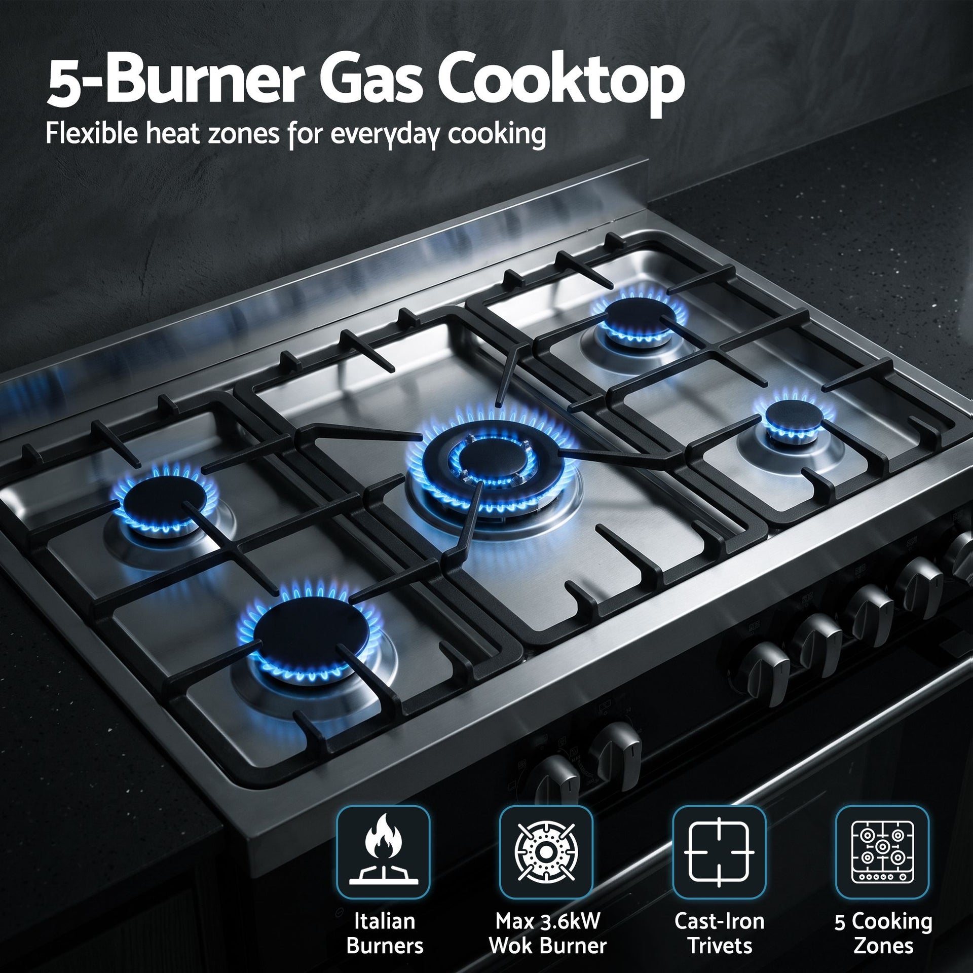 Devanti 90cm Dual Fuel Cooker Gas Cooktop Electric Oven 5 Burner Awezingly
