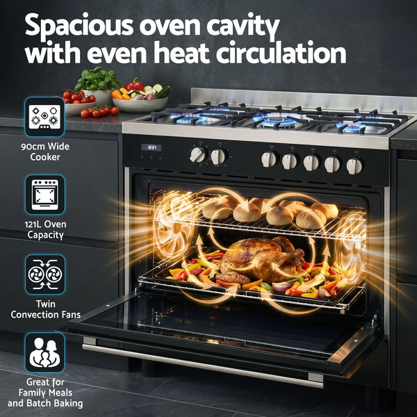Devanti 90cm Dual Fuel Cooker Gas Cooktop Electric Oven 5 Burner Awezingly