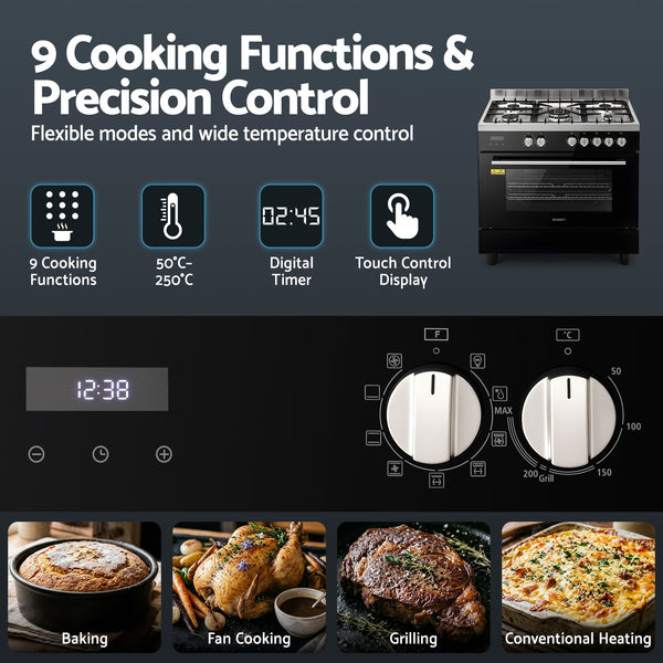 Devanti 90cm Dual Fuel Cooker Gas Cooktop Electric Oven 5 Burner Awezingly