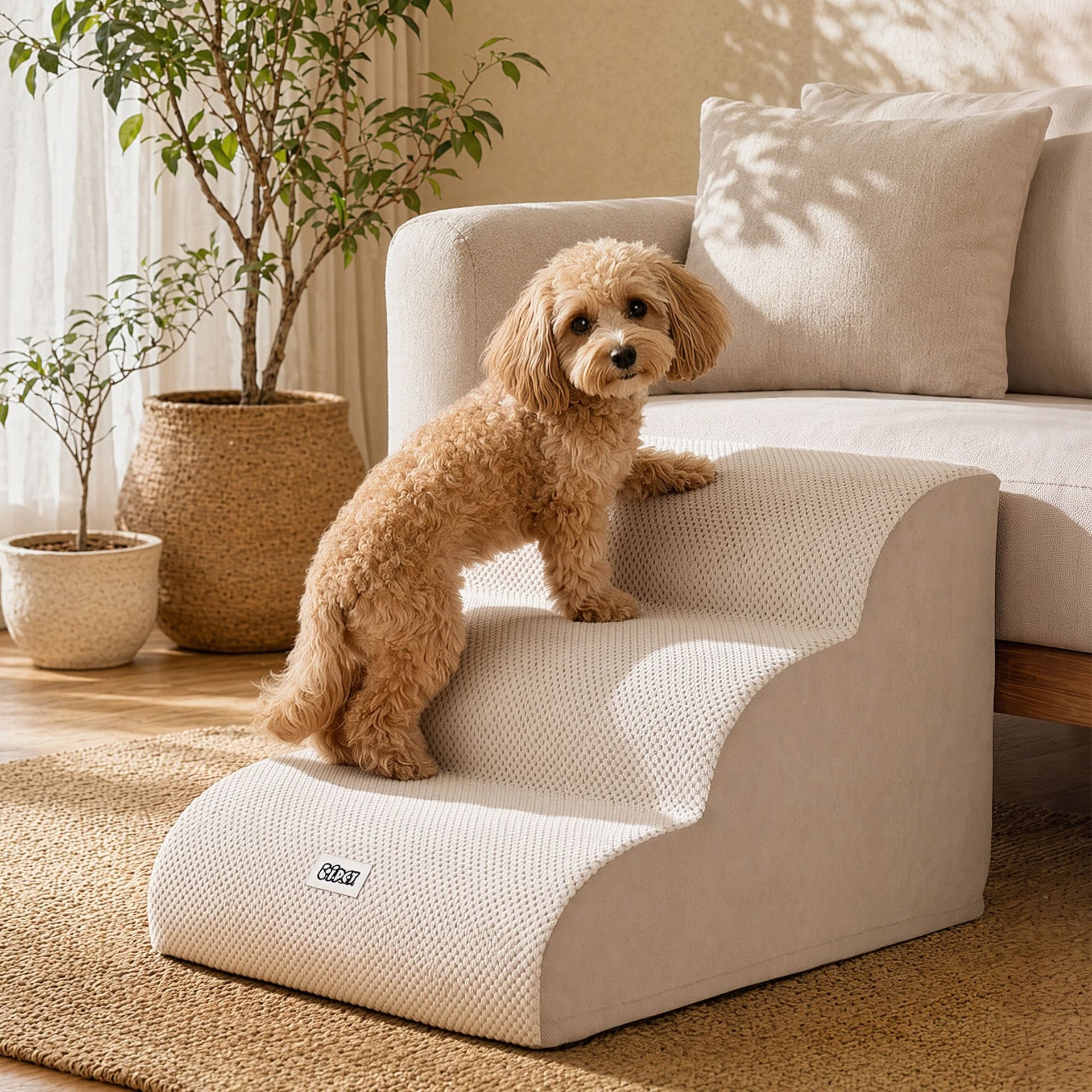 i.Pet Dog Ramp Washable Cover Stairs for Bed Sofa Foam Step Ladder 3 Tier Beige Awezingly
