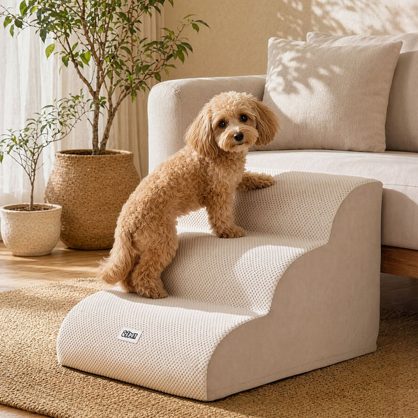i.Pet Dog Ramp Washable Cover Stairs for Bed Sofa Foam Step Ladder 3 Tier Beige Awezingly