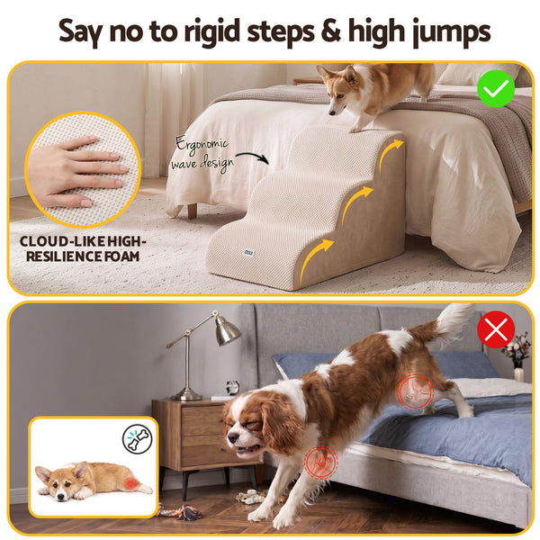 i.Pet Dog Ramp Washable Cover Stairs for Bed Sofa Foam Step Ladder 3 Tier Beige Awezingly
